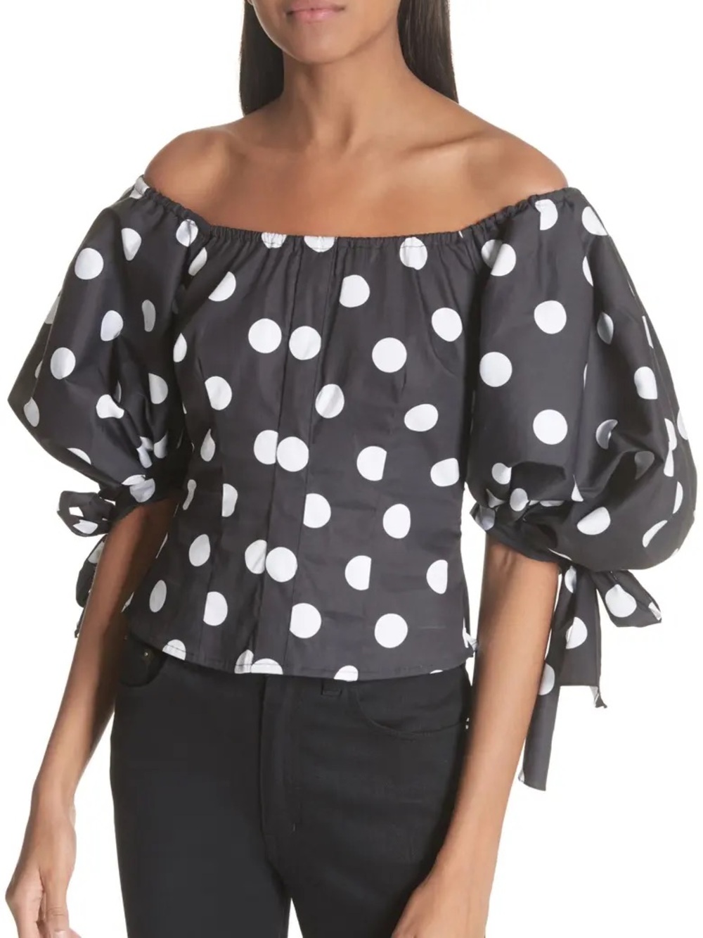 Caroline Constas Nella Polka Dot Ballon Sleeve Top Tie Accents Cotton Blend
